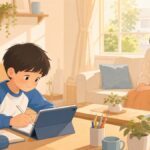自宅のリビングでタブレット学習をする小学生と見守る母親のイラスト