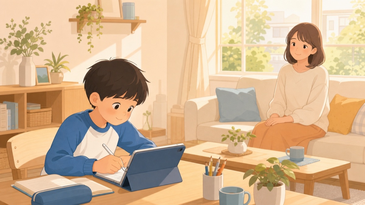 自宅のリビングでタブレット学習をする小学生と見守る母親のイラスト