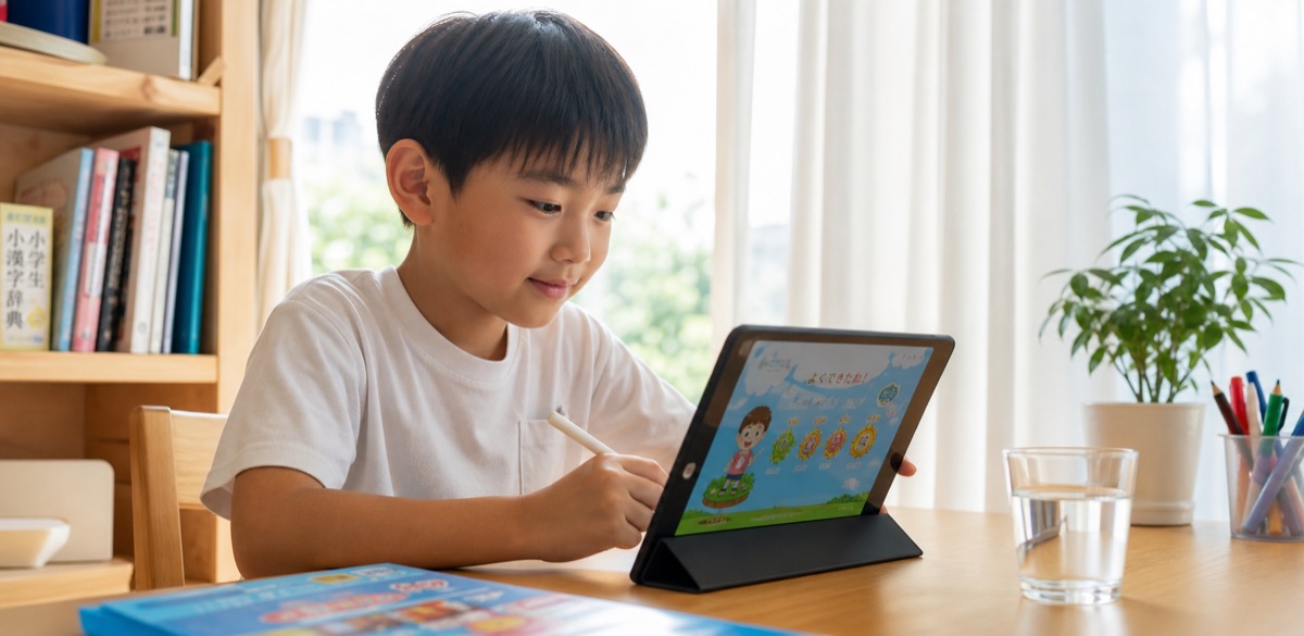 タブレット学習に取り組む子ども。画面に「よくできたね」の表示