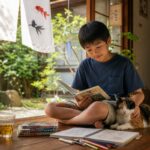 夏の縁側で読書する子どもと猫。不登校の子の夏休みのイメージ