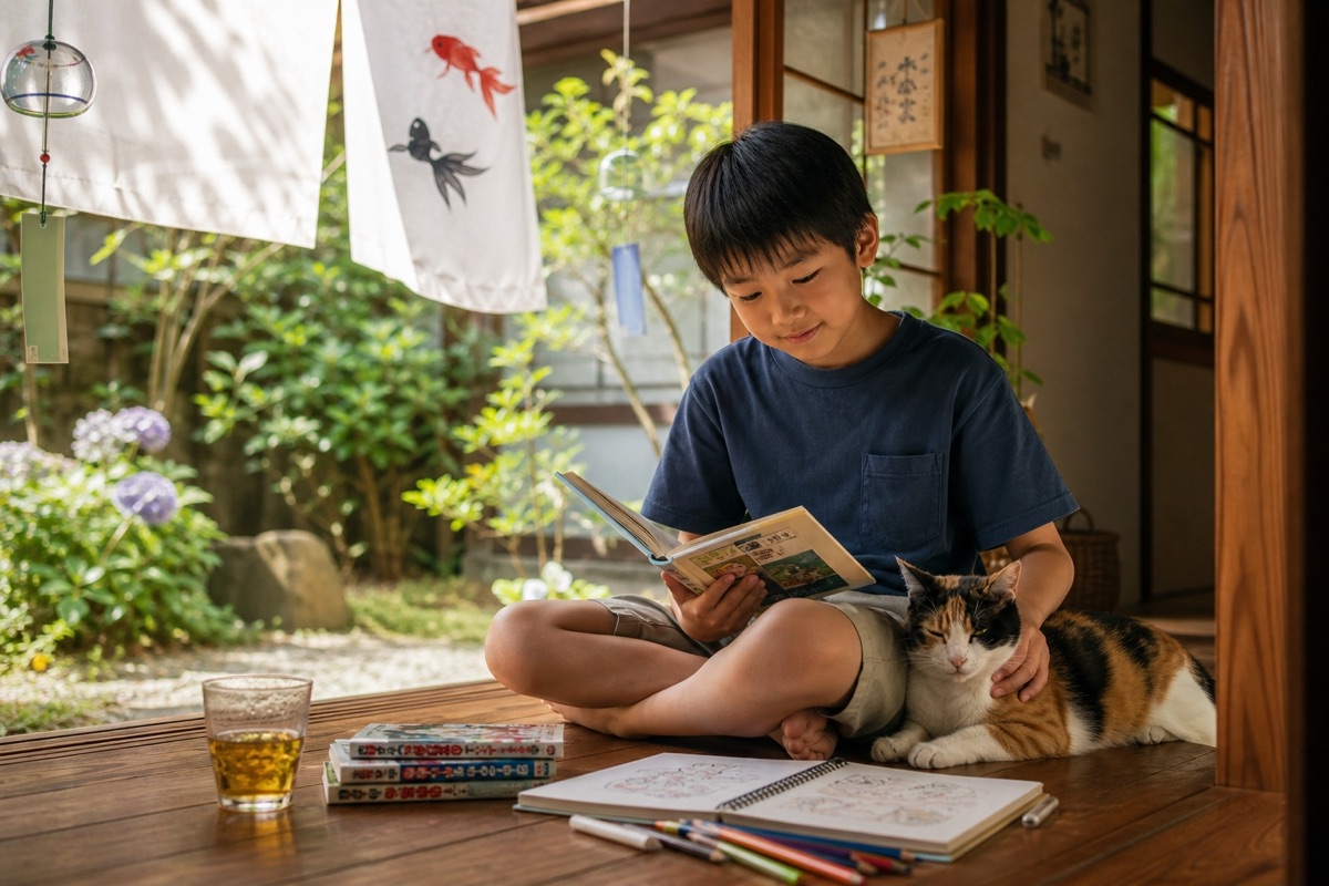 夏の縁側で読書する子どもと猫。不登校の子の夏休みのイメージ